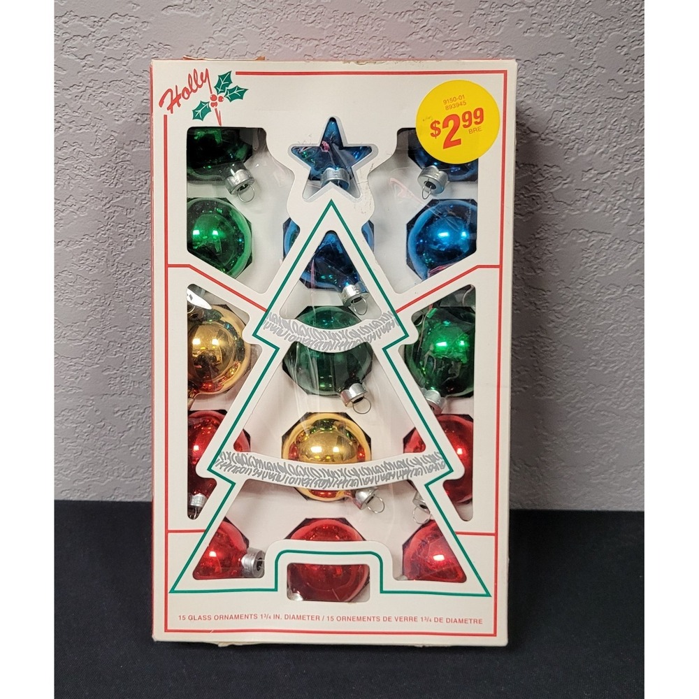 Vintage Holly Brand Glass Christmas Ornaments (Box of 15 - 1 3/4 in Dia.)